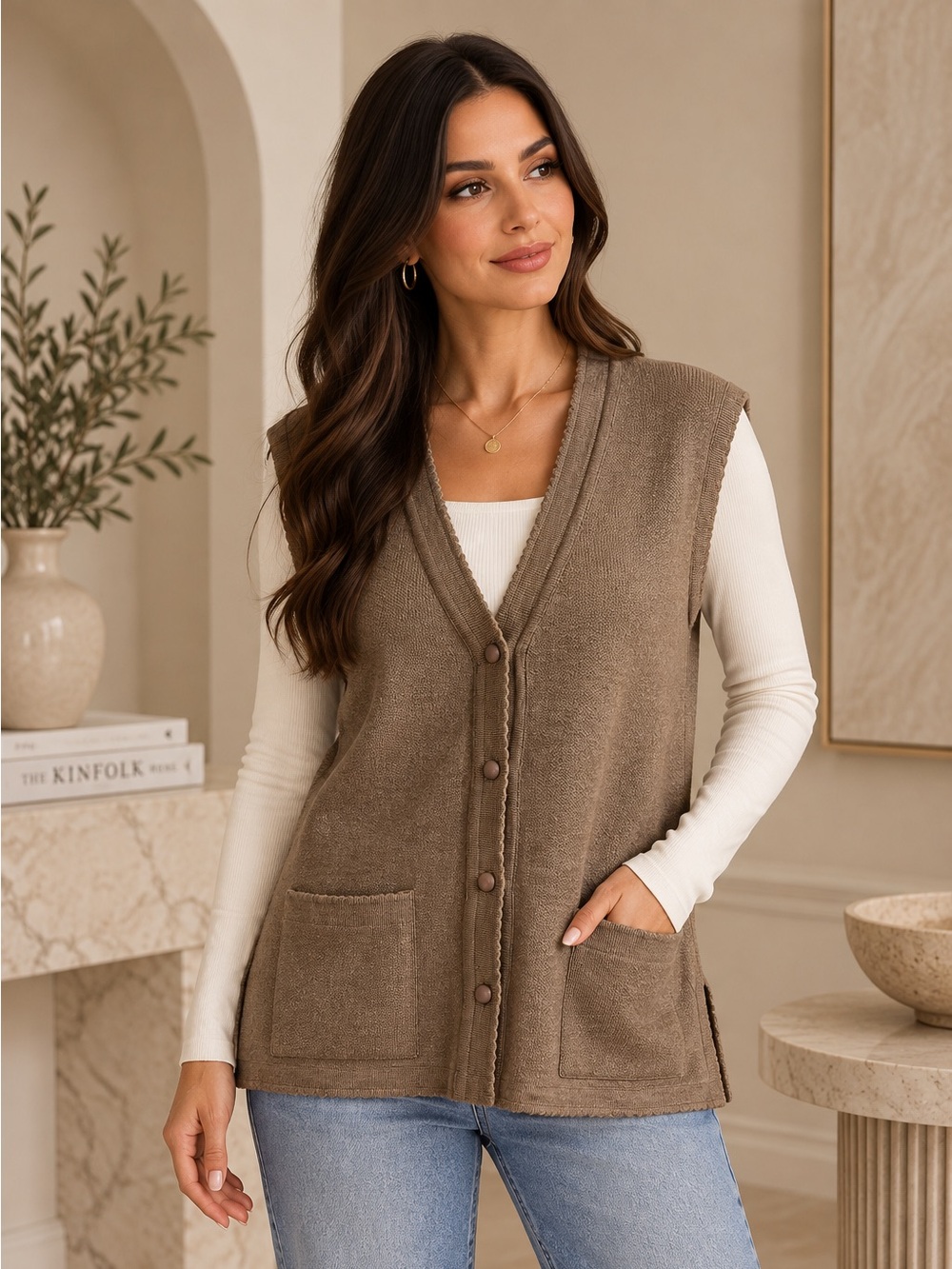 Öner Triko XL Brown Taupe Knit Button Front Sweater Vest Cardigan